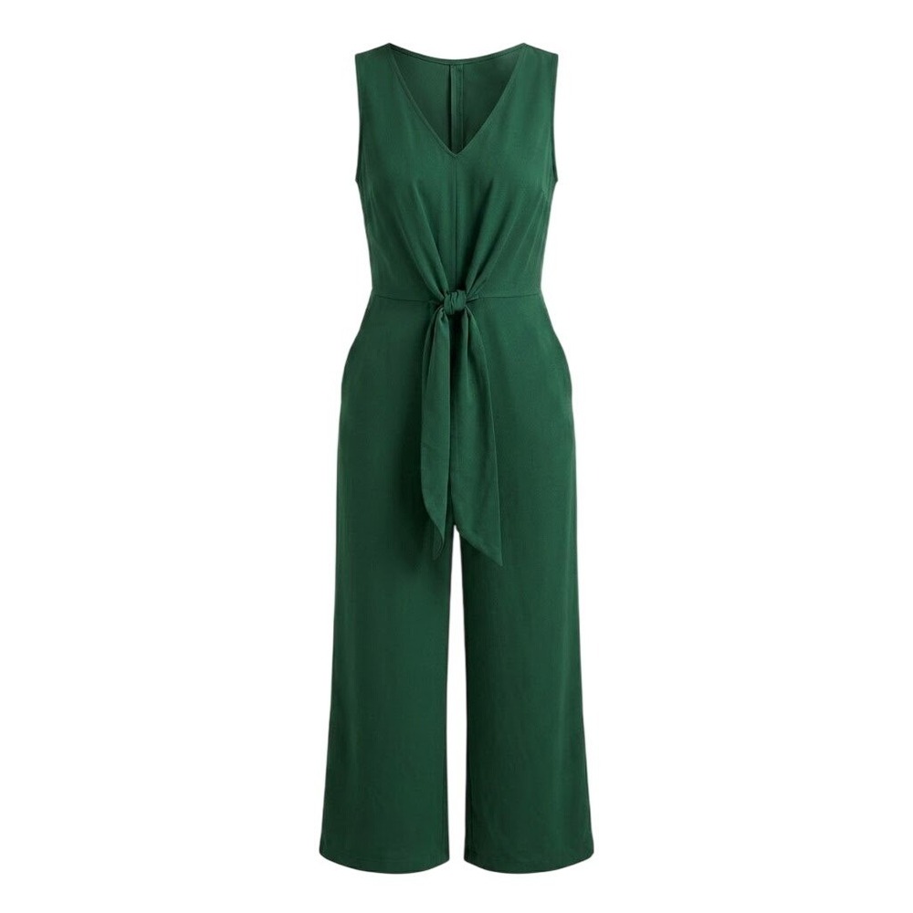 Gabby Emerald Green Tie Front Wide Leg Jumpsuit Sz 18W Resortwear Dark Academia - Picture 2 of 4